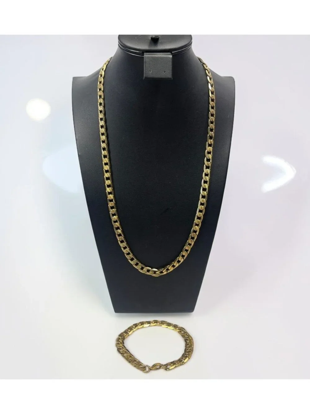 Gold-Tone Stainless Steel Necklace & Bracelet Set Curb Chain Link 24